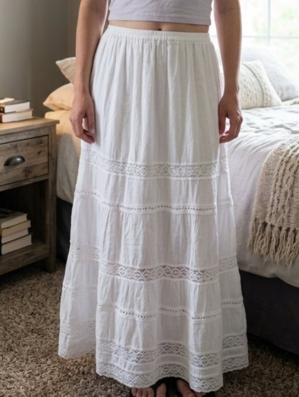 White Tiered Lace Lace Panel Boho Maxi Skirt Size XL Cottagecore